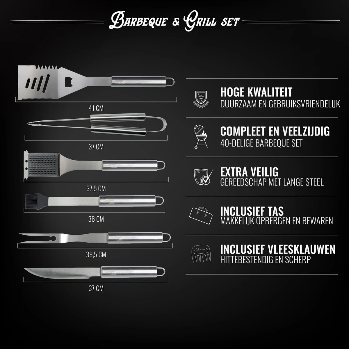 Mountain Jack® 40-Delige Luxe BBQ Grill Accessoires Set In Roestvrij Staal – Barbecue Gereedschap – Tangenset, Vlees Thermometer, Vleestang, Borstel, Spiezen, Vleesmes, Vleesvork 5 Mountain Jack® 40-Delige Luxe BBQ Grill Accessoires Set In Roestvrij Staal – Barbecue Gereedschap – Tangenset, Vlees Thermometer, Vleestang, Borstel, Spiezen, Vleesmes, Vleesvork - Afbeelding 3
