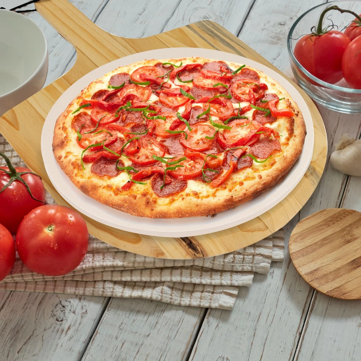 MaxxHome Pizzasteen - BBQ Steen - Maximum Te Verhitten Tot 600 Graden - ⌀33 - Incl. Houten Schep 5 MaxxHome Pizzasteen - BBQ Steen - Maximum Te Verhitten Tot 600 Graden - ⌀33 - Incl. Houten Schep - Afbeelding 3