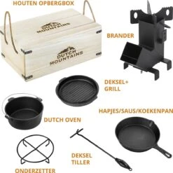 Dutch Mountains Gietijzeren Pannenset 7-delig - Dutch Oven – Braadpan - Grillpan - Hapjespan - Kookset In Houten Transportkist - Deksellifter - Brander -Barbecues Winkel 1200x1200 313